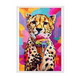 Zestia Beyaz Çerçeveli Tablo, Leopar, Dondurma ve Renkli Arka Plan, Pop Art Tarzı Poster No: 106556 21 x 30