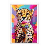 Zestia Beyaz Çerçeveli Tablo, Leopar, Dondurma ve Renkli Arka Plan, Pop Art Tarzı Poster No: 106556 30 x 40