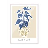 Zestia Beyaz Çerçeveli Tablo Mavi Yapraklı Bitki – Lagom Stil Salon Dekoru Poster 100998, 30 x 40