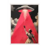 Zestia Beyaz Çerçeveli Tablo, Pembe UFO ve Figür – Retro-Bilimkurgu, Genç Odası Dekoru Poster No: 109716 30 x 40