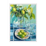 Zestia Beyaz Çerçeveli Tablo, Yeşil Limonlar ve Bardaklar – Natürmort, Mutfak Dekoru Poster No: 106015 50 x 70