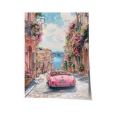 Zestia Premium Poster İtalyan Sahil Kasabasında Pembe Klasik Araba Salon Dekoru, 21 x 30