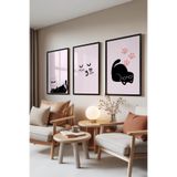 Zestia Siyah Çerçeveli 3’lü Tablo Seti Sevimli Kedi Çizimi – Pembe Tonlar Genç Odası Set 30117, 50 x 70