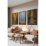 Zestia Siyah Çerçeveli 3’lü Tablo Seti Sonbahar Manzara Resimleri – Orman ve Göl Salon Set 30038, 70 x 100