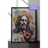 Zestia Siyah Çerçeveli Duvar Tablosu Graffiti Dokunuşlu Sanatsal İsa Portresi Salon Dekoru, 70 x 100