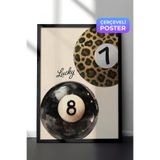 Zestia Siyah Çerçeveli Duvar Tablosu Lucky Yazılı Leopar Desenli Bilardo Topu Sulu Boya Salon Dekoru, 21 x 30