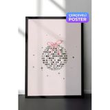 Zestia Siyah Çerçeveli Duvar Tablosu Pembe Fiyonklu Disko Topu Retro Pop Sanat İllüstrasyonu Salon Dekoru, 15 x 21