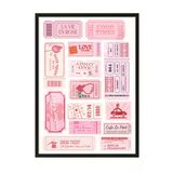 Zestia Siyah Çerçeveli Tablo Pembe Etiket Kolajı - Romantik Retro Tasarım Ofis Dekoru Poster 106222, 30 x 40