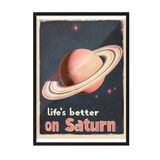 Zestia Siyah Çerçeveli Tablo, Satürn ve Tipografi, Retro Uzay Teması Poster No: 107411 50 x 70