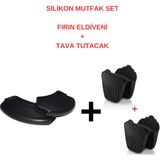 ZETMON 4 Parça Silikon Yanmaz Yapışmaz Fırın Eldiveni Elcik ve Tava Kulp Tutacak Isı Yalıtımlı Kaymaz Mikrodalga Fırın Tencere Tepsi Çaydanlık - Siyah - .