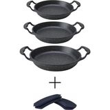 Zetmon Siyah Granit Döküm Kaplama Alüminyum Döküm Sahan Set 3'lü(18-20-22 Cm) + 1 Çift Tava Kulp Tutacak - GRANİT