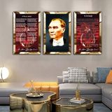 Zevahir Mobilya Dekorasyon Atatürk Istiklal Marşı ve Gençliğe Hitabe Gold Pleksi Kenar 3'lü Mdf Tablo Seti - 50 x 70