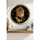 Zevahir Mobilya Dekorasyon Gold Çerçeveli Leopar Temalı Yuvarlak Mdf Duvar Saati - Gold - Beyaz - 40 x 40
