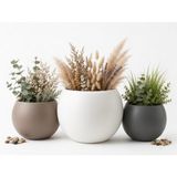 ZEVLİ Japandi Tarzı Modern Küre Saksı 3'lü Set - Su Sızdırmaz Dekoratif Salon ve Balkon Saksısı Hediyelik Çiçeklik Seti (Mermer Beyazı, Antrasit ve Mocha, Bir Büyük iki Orta)