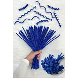 ZEYMERADE 100 Adet Saks Mavi Simli Şönil 30cm Tüylü Kadife Tel, El İşi, Çiçek, Hediye, Süsleme, Okul, Etkinlik