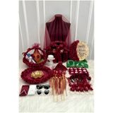 ZEYMERADE Bordo Kına Gecesi Seti Deluxe, Gelin Damat Duvak Seti Ve Malzemeleri, Tepsi Sepet Testi Taç Nedime
