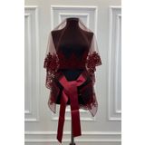ZEYMERADE Bordo Klasik Desen Flok Baskı Simli Gelin Duvak Kuşak Eldiven Set