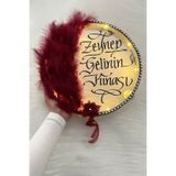 ZEYMERADE Bordo Ledli Şeffaf Gelin Tefi 32cm Tüylü 3d Çiçek Saten Kurdele Düğün Kına Nedime Bride Parti Defi