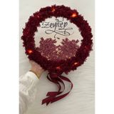 ZEYMERADE Bordo Ledli Şeffaf Kaligrafi Gelin Tefi 32cm Vip Güpürlü Ve 3d Çiçek Düğün Kına Nedime Bride Parti