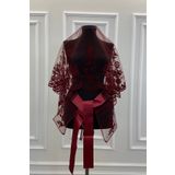 ZEYMERADE Bordo Sarmaşık Desen Flok Baskı Simli Gelin Duvak Kuşak Eldiven Set