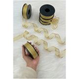 ZEYMERADE Gold Simli Şifon Kurdele 2,5 cm 20 mt, Gelin, Damat, Bohça, Nişan, Çeyiz, Özel Gün, Hediye, Süsleme