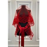 ZEYMERADE Kırmızı Çiçek Desen Flok Baskı Simli Gelin Duvak Kuşak Eldiven Set