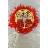 ZEYMERADE Kırmızı Ledli Şeffaf Kaligrafi Gelin Tefi 30cm Vip Güpürlü Ve Tüylü Düğün Kına Nedime Bride Parti