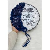 ZEYMERADE Lacivert Kaligrafi Gelin Tefi 32cm, Vip Güpürlü, Parlak Taş Ve 3d Çiçek Düğün Kına Sünnet Nedime Bride Parti Defi