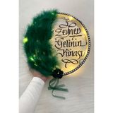 ZEYMERADE Yeşil Ledli Şeffaf Gelin Tefi 32cm Tüylü 3d Çiçek Saten Kurdele Düğün Kına Nedime Bride Parti Defi