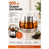 Zeyn Gross 900 ml Süzgeçli Cam Demlik – Paslanmaz Çelik Filtreli, Beyaz Kapak ve Kulplu Çay Demleme Demliği