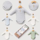 Zeynuko Bebek Uzun Kollu %100 Pamuklu Raporlu Bisiklet Yaka Çıtçıtlı Body&zıbın 5'li Takım Set - 3-6 M - 105-Renkli