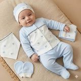 Zeynuko Erkek Bebek Ayıcık Nakışlı %100 Pamuk 5'li Yenidoğan Hastane Çıkışı Zıbın Seti - Mavi - 0 - 3 Ay