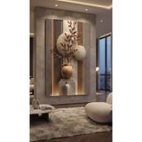 zeyrada Premium Özel Tasarım 3D Kabartma Görünümlü Modern Dekorasyon Kanvas Tablo Dikey Çıtalı Paneller, Toprak Tonlarında Antik Vazo ve Sonbahar Yapraklı Dalları Kompozisyonu - 3D Efektli
