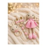 Zey's Amigurumi Amigurumi Uzun Kulak Tavşan Yenidoğan Set 4LÜ, Uyku Arkadaşı, Çıngırak,Patik,Emzik Zinciri