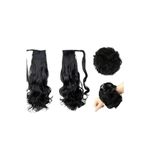 Zeysum İkili Set - Koyu Siyah Dalgalı Bağlamalı At Kuyruğu Saç ve Dağınık Topuz Lastik Tokalı Set 60 Cm