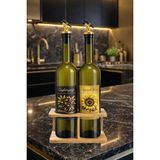Zeytinyağı ve Ayçiçek Yağı Şişesi Seti, Altın Etiket ve Yağdanlık Aparatlı, Korumalı Ahşap Standlı 750 Ml, 2 Adet, Yeşil Cam Şişe (Korumalı Standlı, A - Çok Renkli