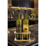 Zeytinyağı ve Ayçiçek Yağı Şişesi Seti, Altın Etiket ve Yağdanlık Aparatlı, Korumalı Ahşap Standlı 750 ml, 2 Adet, Yeşil Cam Şişe (Korumalı Standlı, Altın)