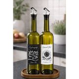 Zeytinyağı ve Ayçiçek Yağı Şişesi Seti, Beyaz Etiket ve Yağdanlık Aparatlı, Ahşap Standlı 750 ml, 2 Adet, Yeşil Cam Şişe (Standlı, Gri)