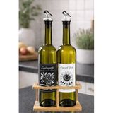 Zeytinyağı ve Ayçiçek Yağı Şişesi Seti, Beyaz Etiket ve Yağdanlık Aparatlı, Korumalı Ahşap Standlı 750 ml, 2 Adet, Yeşil Cam Şişe (Korumalı Standlı, Gri)