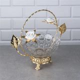 Zeyve Porselen Güllü Kristal Cam Sepet Şekerlik - Lüks Sunumluk 21X23X14 cm - Gold - gold kulplu şekerlik sunumluk