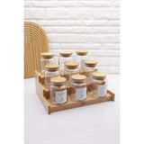 zezedesing 9'Lu Bambu & Şık Vakum Kapak Cam Baharatlı Seti 300ML & Bambu Düzenleyici Stant