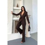 Zf Butik Bağlamalı Kemerli Şal Yaka Blazer Ceket Boru Paça Esnek Pantolon Takım Elbise - Kahverengi - 36