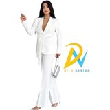 Zf Butik Beyaz Kadın Takım Elbise Kemerli Şal Yaka Blazer Ceket Boru Paça Pantolon - 42