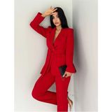 Zf Butik Bordo Blazer Ceket Pantolon Takım Elbise Şal Yaka Kemerli Boru Paça - 36