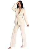 Zf Butik Kadın Bej Takım Elbise Kemerli Şal Yaka Blazer Ceket Pantolon - 40
