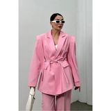 Zf Butik Kadın Beli Ipli Blazer Ceket Uzun Form Kesim Pembe - -- - Standart