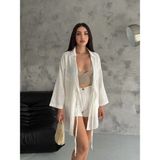 Zf Butik Kadın Beyaz Keten Kimono Gömlek Uzun Kollu - Standart