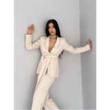 Zf Butik Kadın Blazer Ceket Pantolon Takım Bej Şal Yaka Kemerli Boru Paça - 42