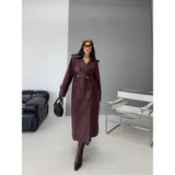 Zf Butik Kadın Deri Apoletli Uzun Trençkot Pelerin Detaylı Kuşaklı Bordo 140 cm - XL