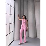 Zf Butik Kadın Düğmeli Yelek Pantolon Takım Pembe - S